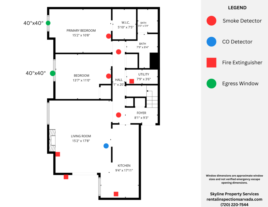 Arvada STR permit floor plan showing smoke detectors, CO detectors, fire extinguisher, and egress window locations